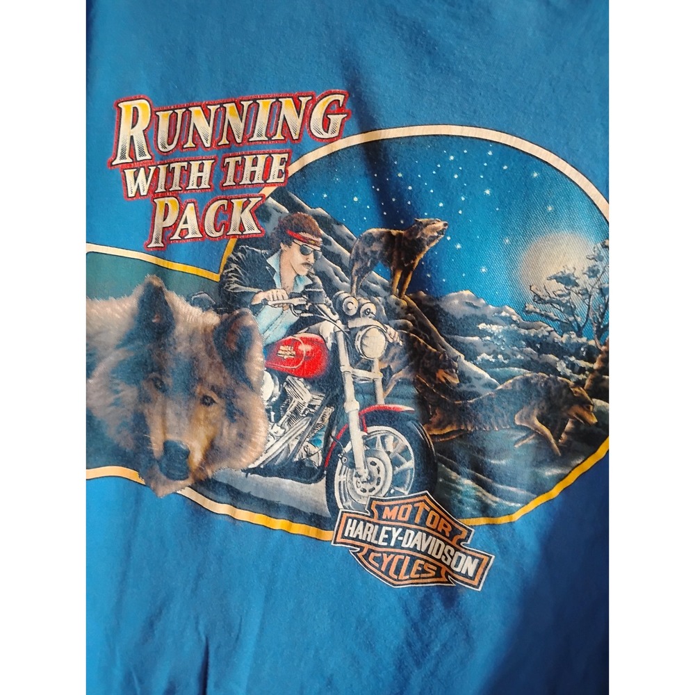 Vintage‎ Harley Davidson Running With The Pack Wolf Eagle Blue T-Shirt Mens L - Picture 2 of 8